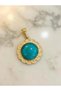 Natural Handmade Gold Framed Turquoise Colored Murano Glass Pendant