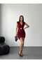 Double-Breasted Collar Zero Sleeve Asymmetrical Hem Ends with Gold Accessories and Rubber Belt Detail Lined Mini Dress - 5