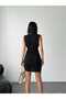 Double-Breasted Collar Zero Sleeve Asymmetrical Hem Ends with Gold Accessories and Rubber Belt Detail Lined Mini Dress - 3