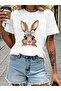 Women's Rabbit Printed Oversized Crew Neck T-Shirt Loose Fit