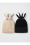 Girl's Black Rabbit Ear Beret Fleece-Lined Winter Hat F Bow Detail Hat - 2