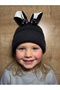 Girl's Black Rabbit Ear Beret Fleece-Lined Winter Hat F Bow Detail Hat - 3