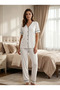 New Season Ecru Summer Piped Detail Buttoned Special Design Short Sleeve 100% Cotton Pajama Set - 4