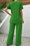 Women's Short Sleeve Crew Neck Asymmetrical Cut Detailed Wrinkled Blouse and Trousers Two-Piece Set - 3