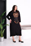 Women's Large Size Black, Embroidered, Long Sleeve Pocketed Dress 65N39412 - 5