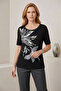 Women's Plus Size Stretch Fabric Crew Neck Leaf Printed Stone Short Sleeve Mom T-Shirt Combed Cotton Blouse