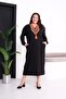 Women's Large Size Black, Embroidered, Long Sleeve Pocketed Dress 65N39413