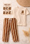 Boy's Bear Printed 2-Piece Set Short Sleeve T-Shirt Striped Pants Set - Beige - 6