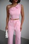 Women's Floral Detailed One-Shoulder Cropped Blouse & High Waist Wide-Leg Pants Set