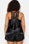 Black Lace Detailed Satin Woven Pajama Set - 2