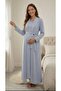 Women's Blue Shawl Collar Trimmed Maternity and Postpartum Nightgown and Robe Set - 3