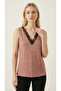 Women's Powder Polka Dot Printed V-Neck Lace Detailed Sleeveless Sandy Fabric Blouse - 5