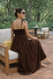 Coffee - Cotton Pack Long Summer Women's Dress - Tie-Detail Straps from the Shoulder Ruched Unlined - 4