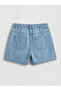 Blue Elastic Waist Staple Detailed Girls' Jean Shorts - 2