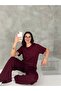 Women's Crew Neck Stone Detailed Pocketed Shiny Double Set - 5