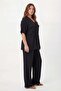 Waist Tie Detailed V-Neck Women's Plus Size Jacket and Trousers Set Black - 3