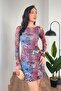 Bel Ruched Tulle Detail Patterned Mini Party Dress - 2