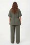 Waist Tie Detailed V-Neck Women's Plus Size Jacket and Trousers Set Khaki - 4