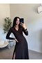 Coffee Stretch Fabric Slit Long Dress - 5