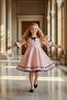Girl's Square Collar Embossed Daisy Patterned Skirt with Ruffles Spanish Sleeve Pink Dress