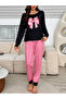 Black Bowknot Print T-Shirt and Striped Pyjama Set - 6