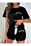 Black Slogan Text Print T-Shirt and Shorts Set - 3