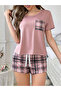 Pink Plaid Pocket Print T-Shirt and Shorts Set - 5