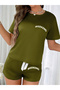 Olive Slogan Text Print T-Shirt and Shorts Set - 5