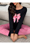 Black Bowknot Print T-Shirt and Striped Pyjama Set - 4