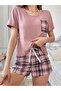 Pink Plaid Pocket Print T-Shirt and Shorts Set