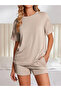 Beige Striped Round Neck T-Shirt and Shorts Set