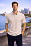 Men's Trend Patterned Beige Polo Neck Linen T-Shirt