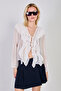 Women's front ruffle blouse - ecru