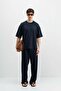 Corded Fabric Textured Baggy Sweatpants Bottom Navy Blue - 4