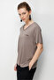 Women's V-Neck Pocket Satin Striped Combed Cotton T-Shirt 26828 Mink - 3