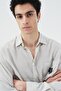 Striped Navy Blue Linen Shirt with Embroidery and Pocket Detail