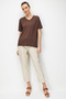 Women's V-Neck Collar Chain Trim Combed Cotton T-Shirt 26707 Brown - 2