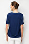 Women's V-Neck Pocket Satin Striped Combed Cotton T-Shirt 26828 Navy Blue - 4