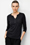Women's Open Collar, Metal Buttoned Sleeves, Cotton Piece Combed Cotton Blouse 26805 Black