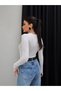 Women's White V-Neck Long Sleeve Lace Detailed Stretchy Viscose Romantic Blouse Body - 4