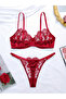 Burgundy Floral Embroidered Mesh Non Padded Wired Bra and Brief Set - 2