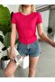 Women's Fuchsia Crew Neck Side Ruched Detail Soft-Textured Elastane Blouse - 4