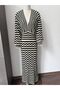 Women's Black White Zigzag Patterned V-Neck Long Knit Dress - 3
