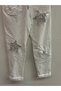Women's White Italian Star D Patterned Sequined Elastic Waist Lace-Up L Stretch Fabric Pants 40 - 46 Size - 2