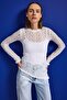 Women's White W5 Asymmetrical Cut Special Knit Lace Design Sheer Summer Knitwear