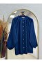 Büge Ruched Balloon Sleeve Gold Buttoned Shirt-Na784 Navy Blue - 2