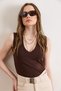 Women's Brown Leather N V-Neck Sleeveless Cotton T-Shirt Tsh-19000955 - 2