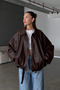 New Season Faux Oversized Bomber Leather Jacket - 4