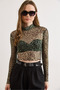 Women's Green Leopard Printed Li Cropped Stretchy Tulle Blouse Blz-19003264 - 4