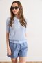 Women's Baby Blue Striped Detail Polo Neck Lace-Like Knit Knitwear Blouse Blz-19003227 - 2